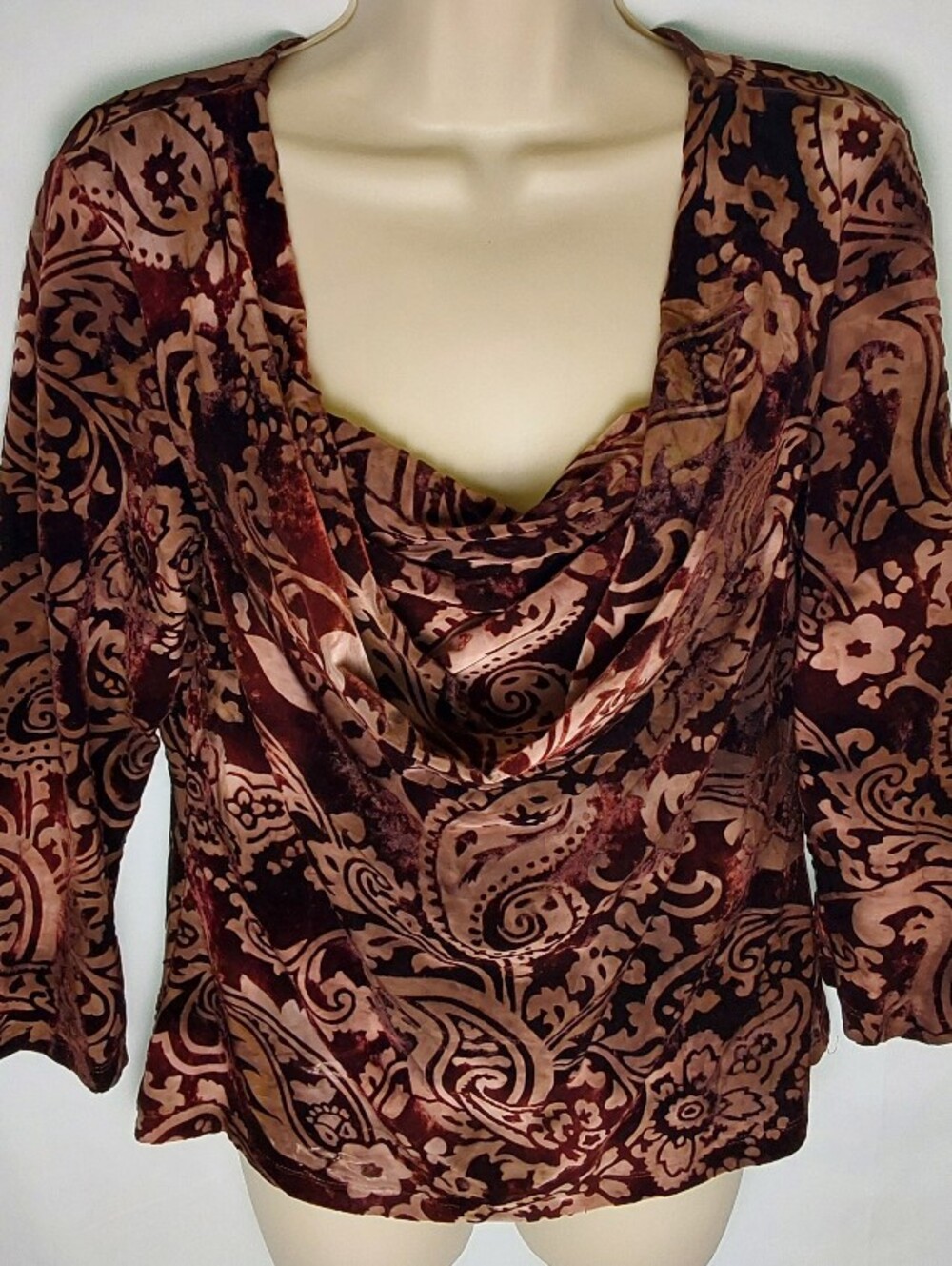 Women’s Velvet Paisley Cowl Neck Top - Brown & Burgundy